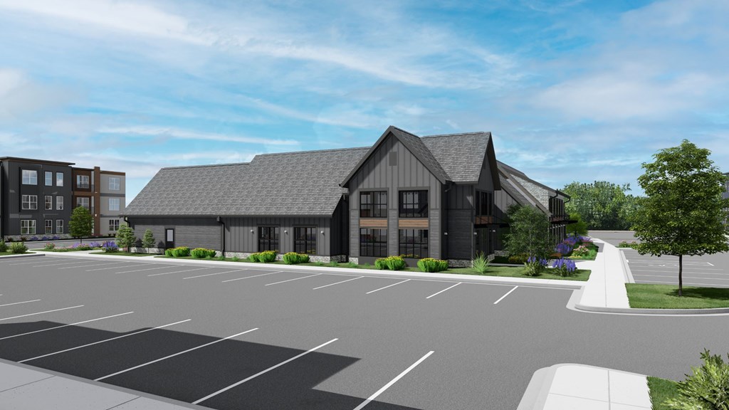 A rendering of a building with a parking lot in front at Switch Luxury Living in Colorado Springs, CO