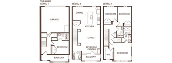 a floor plan of a two story house with a garage and a balcony at Meridian at CityPlace, Woodbury, MN 55125