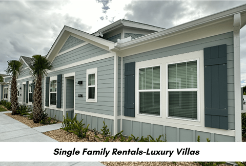 a single family rentals luxury villa with blue siding and gray doors