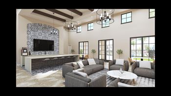 a rendering of a living room with couches and a fireplace at Stella, San Tan Valley Arizona