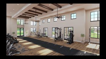 a fitness room with exercise equipment and windows at Stella, San Tan Valley, AZ