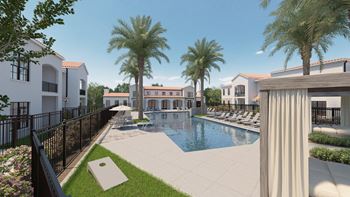 a rendering of a large swimming pool with palm trees at Stella, San Tan Valley