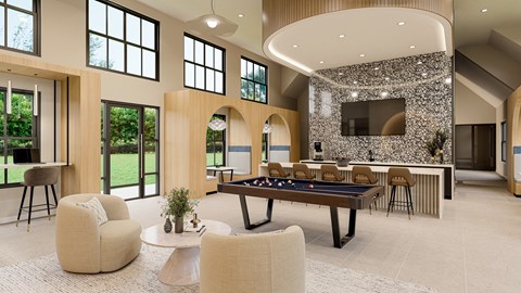 A modern living room with a pool table and a television.