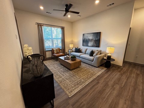 A living room with a black piano and a rug.