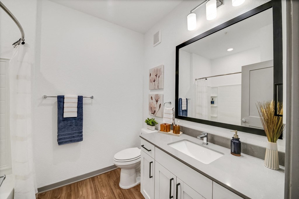a bathroom with a large mirror and a toilet and sink at The BLVD at Wilson Crossings, Wyoming, MI 49418
