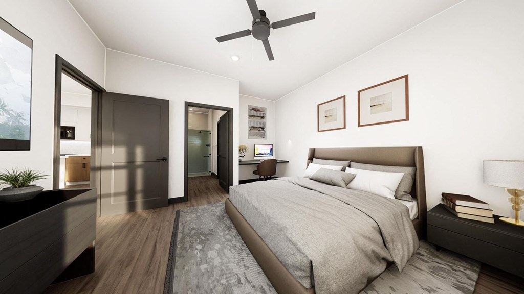 a bedroom with a bed and a ceiling fan at Stella, San Tan Valley