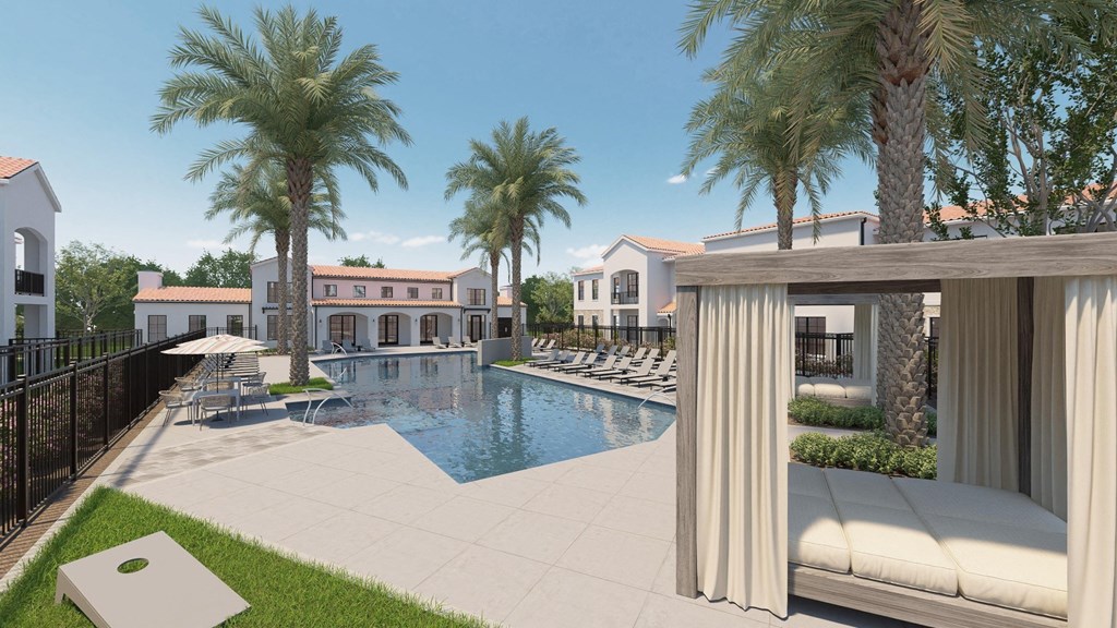 a rendering of a swimming pool at a resort with palm trees at Stella, San Tan Valley, 85142