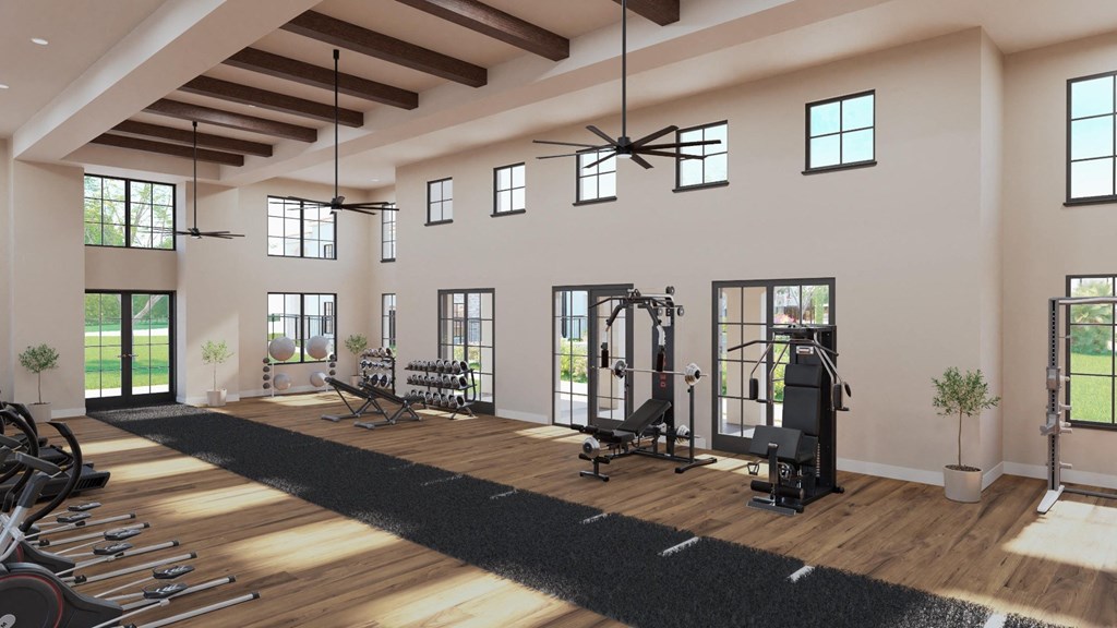 a gym with exercise equipment and windows in a house at Stella, San Tan Valley Arizona