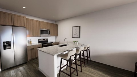 A modern kitchen with a refrigerator, microwave, oven, sink, and a dining table with chairs.