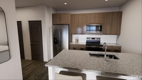 A kitchen with a granite countertop and a microwave above the stove.at Terrassa Luxury Apartments, Saint Augustine, FL 32084