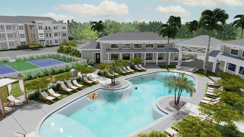 A pool surrounded by palm trees and lounge chairs. A pool surrounded by palm trees and lounge chairs at Verity Luxury Apartment Homes Apartments, Florida
