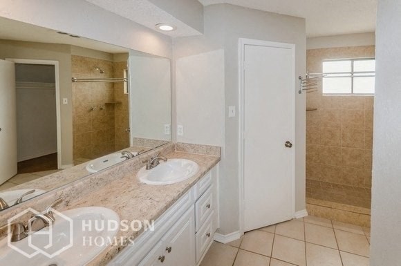 a bathroom with a sink and a mirror and a shower