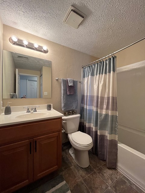 a bathroom with a toilet sink and bathtub at Deauville Park Apartments, Pennsylvania, 15146