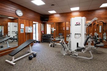 A gym with a variety of equipment including a leg press machine at Deauville Park Apartments, Monroeville, PA