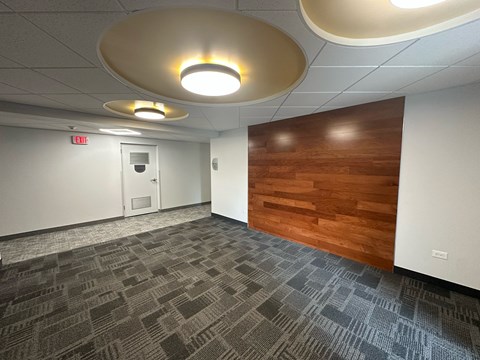 A hallway with a carpeted floor and a wooden door on the right.