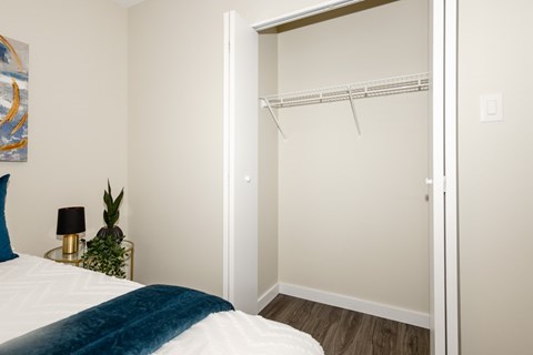 A bedroom with a bed, a plant, a lamp, and a closet.