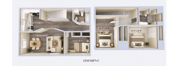A floor plan of a 1310 square foot home with three bedrooms, two bathrooms, and a living room.