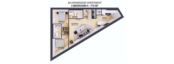 A floor plan of a 2 bedroom apartment with a living room, kitchen, and bathrooms.