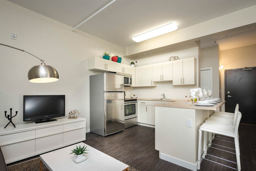 Living and Kitchen Area at 300 Tache Apartment, Winnipeg, MB.