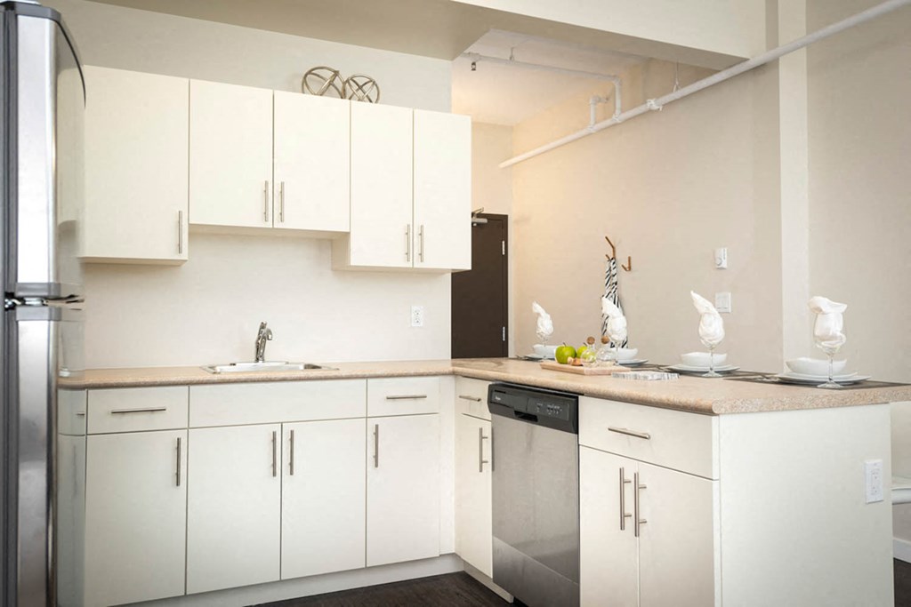 Kitchen and Dining Area at 300 Tache Apartment, Winnipeg, MB.