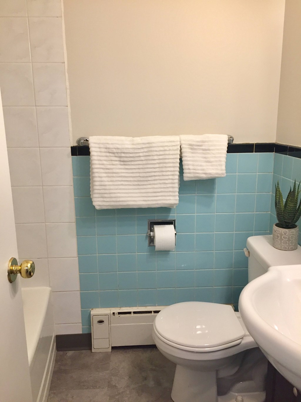 A white toilet sits in a bathroom with blue tiles.
