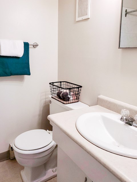 Bathroom with a white vanity, toilet, and storage basket at 1025 Munroe Apartments in Winnipeg.