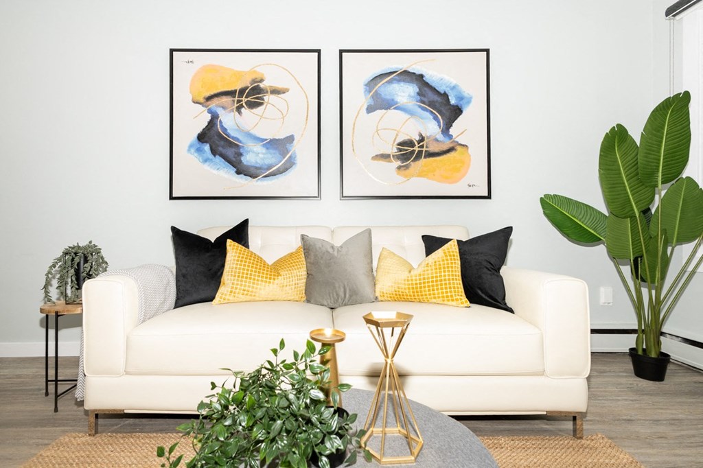 A living room with a white couch, two abstract paintings on the wall, and a green plant on the right.