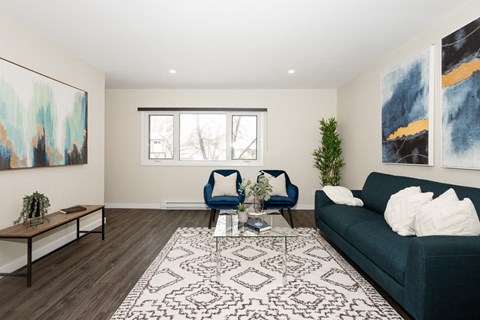 A living room with a blue couch and a patterned rug.