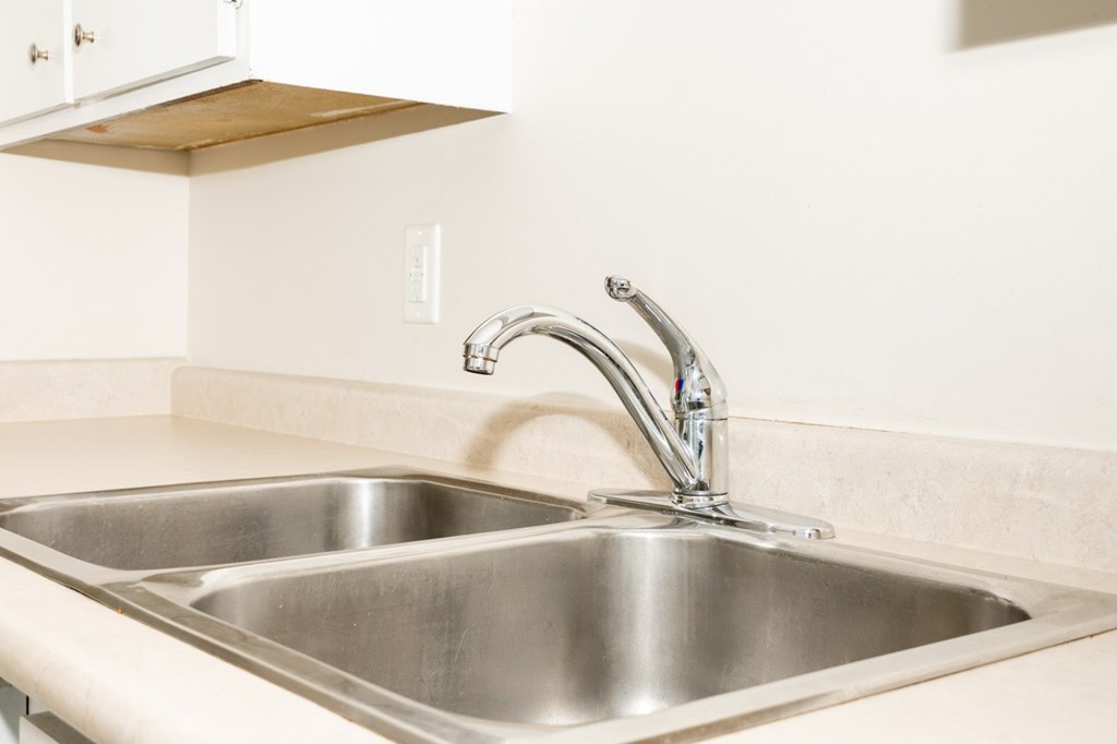 A kitchen sink with a chrome faucet.
