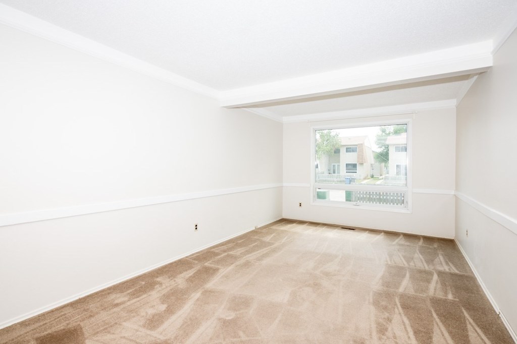 A room with a carpeted floor and a window showing a view of buildings outside.