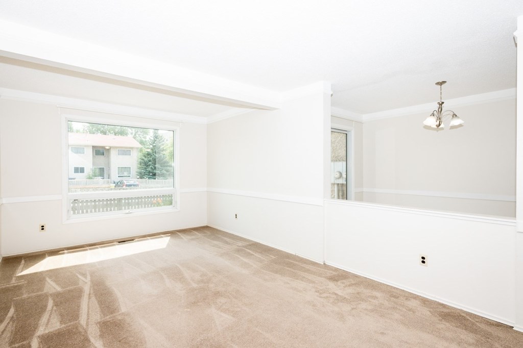 A large, empty room with a carpeted floor and a window overlooking a balcony.