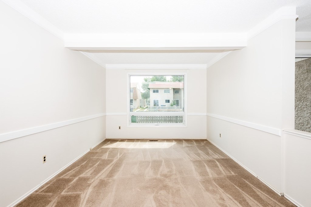 A large empty room with a carpeted floor and a window showing a view of a building outside.