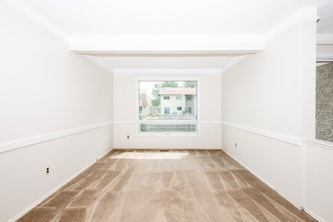 A large empty room with a carpeted floor and a window showing a view of a building outside.