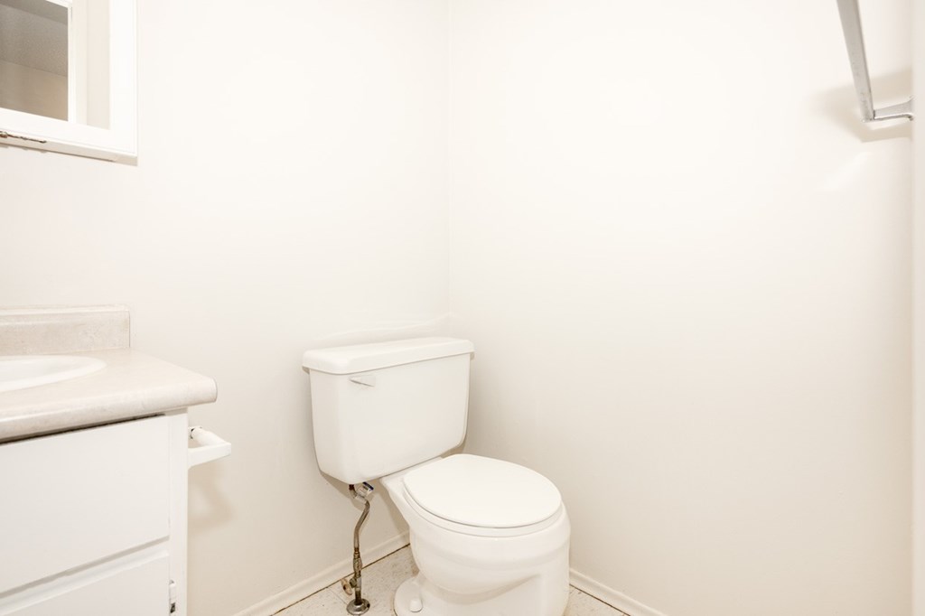 A white toilet sits next to a sink in a bathroom.