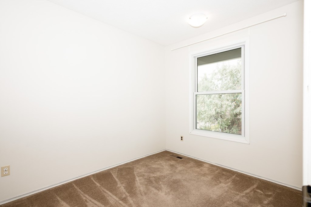 A room with a window and carpeted floor.
