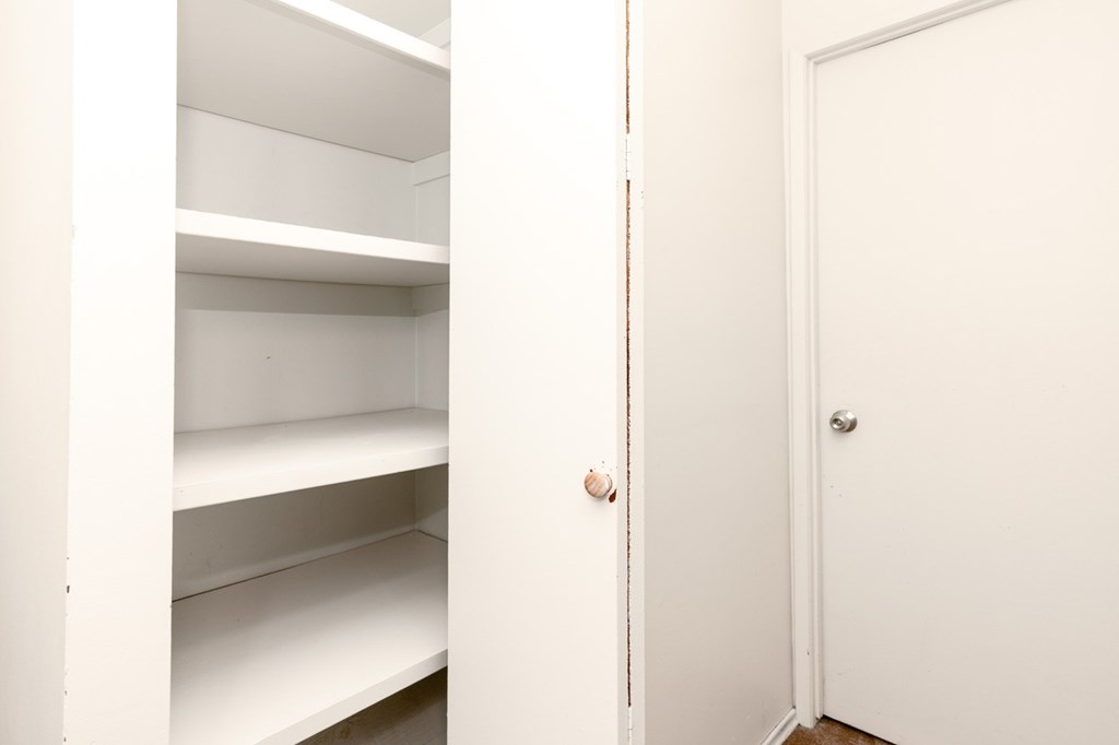 A white door is open to a white closet with shelves.