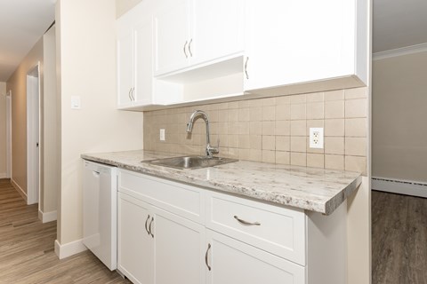 A kitchen with white cabinets and a marble countertop.