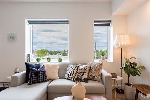 A living room with a grey couch and a large window.
