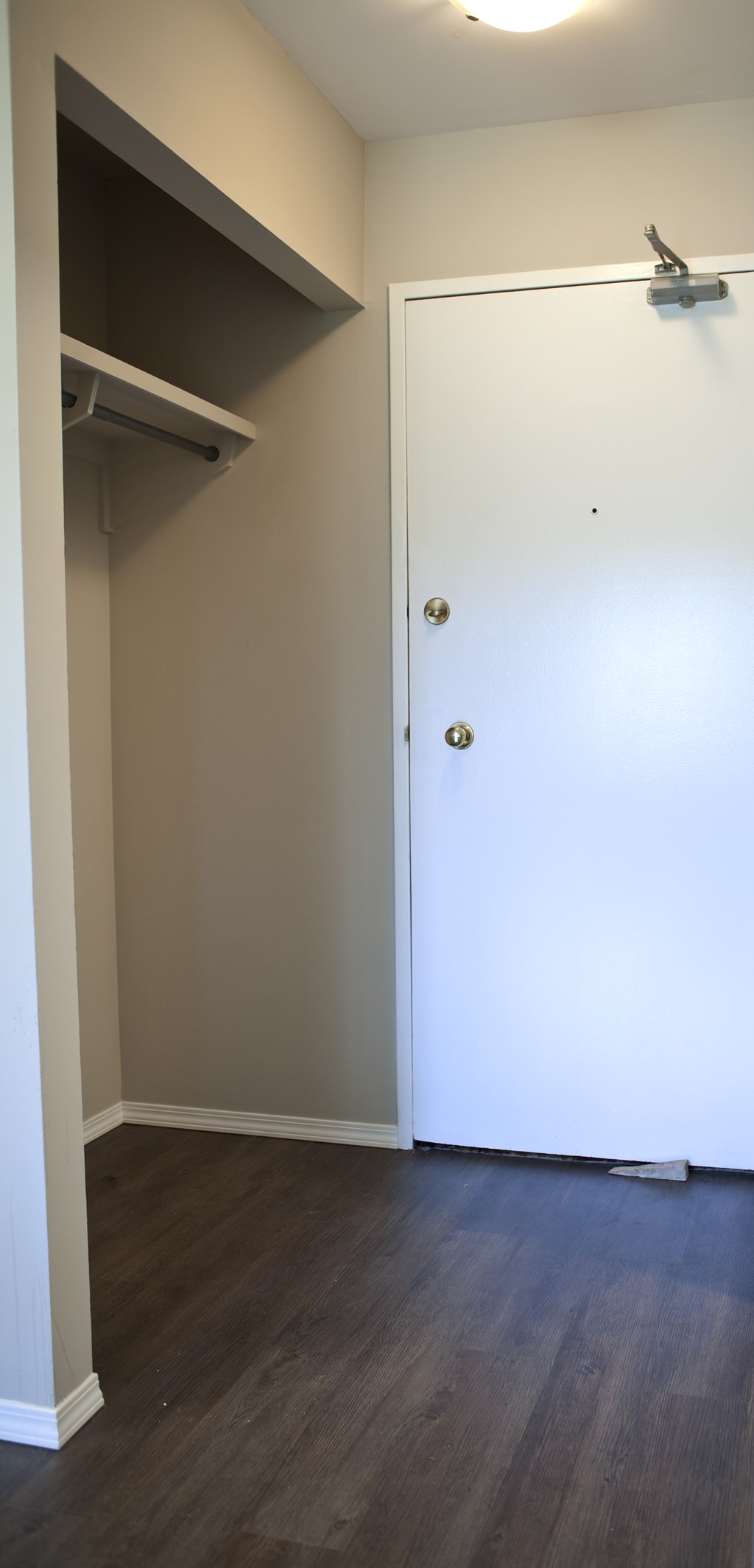 A white door with a gold handle is in a room with a wood floor.