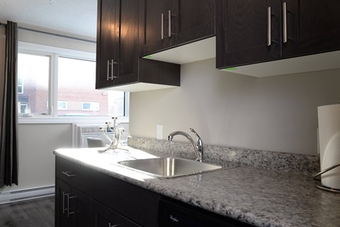 A kitchen with a marble countertop and black cabinets.
