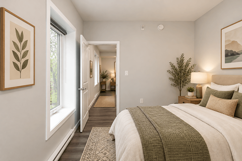 A bedroom with a large bed and a painting on the wall.