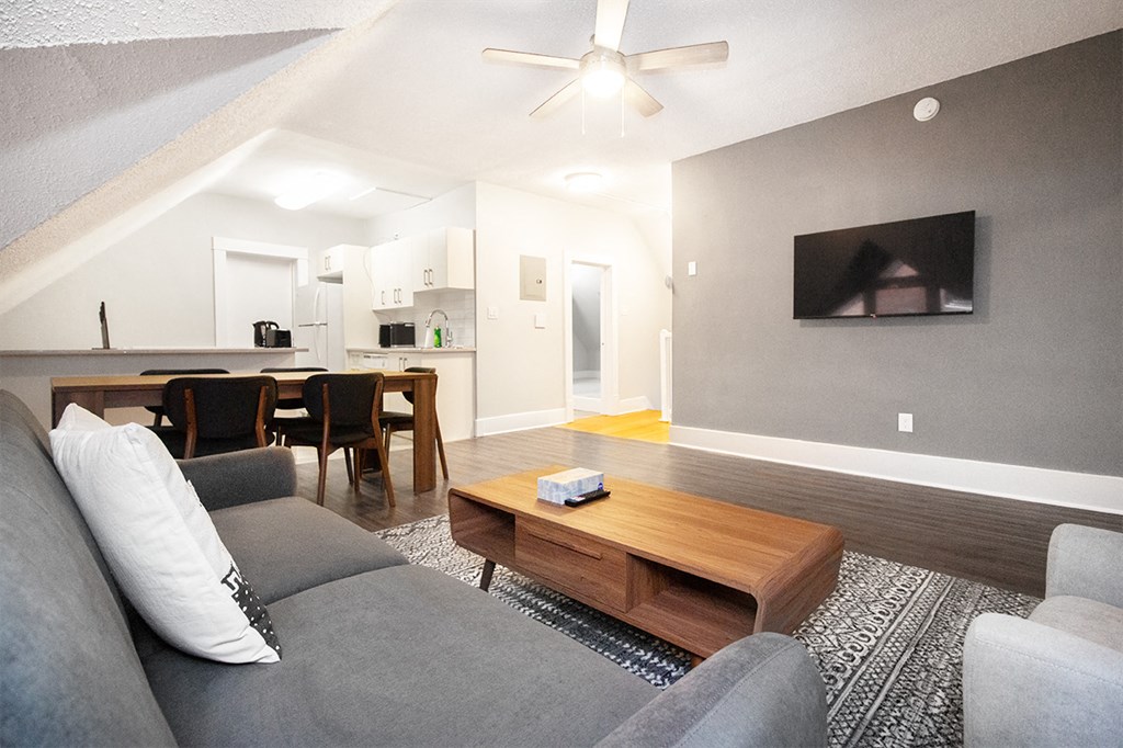 a living room with a couch and a coffee table