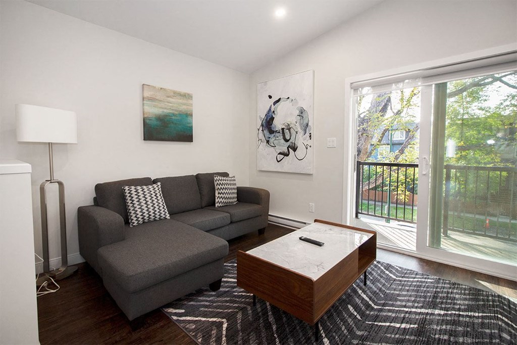 a living room with a couch and a coffee table