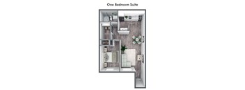 a floor plan of a one bedroom suite with a bathroom and a living room