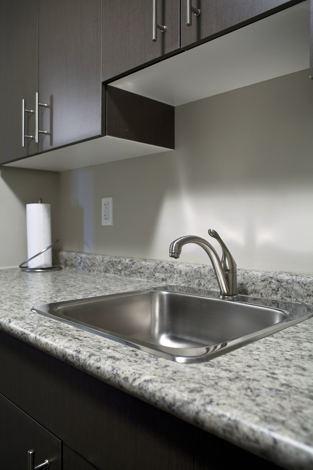 A modern kitchen with a stainless steel sink and dark cabinets.
