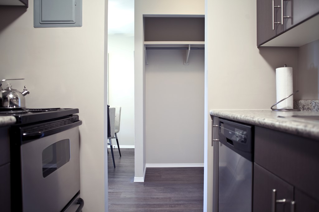 A kitchen with a stove, oven, and a dishwasher.