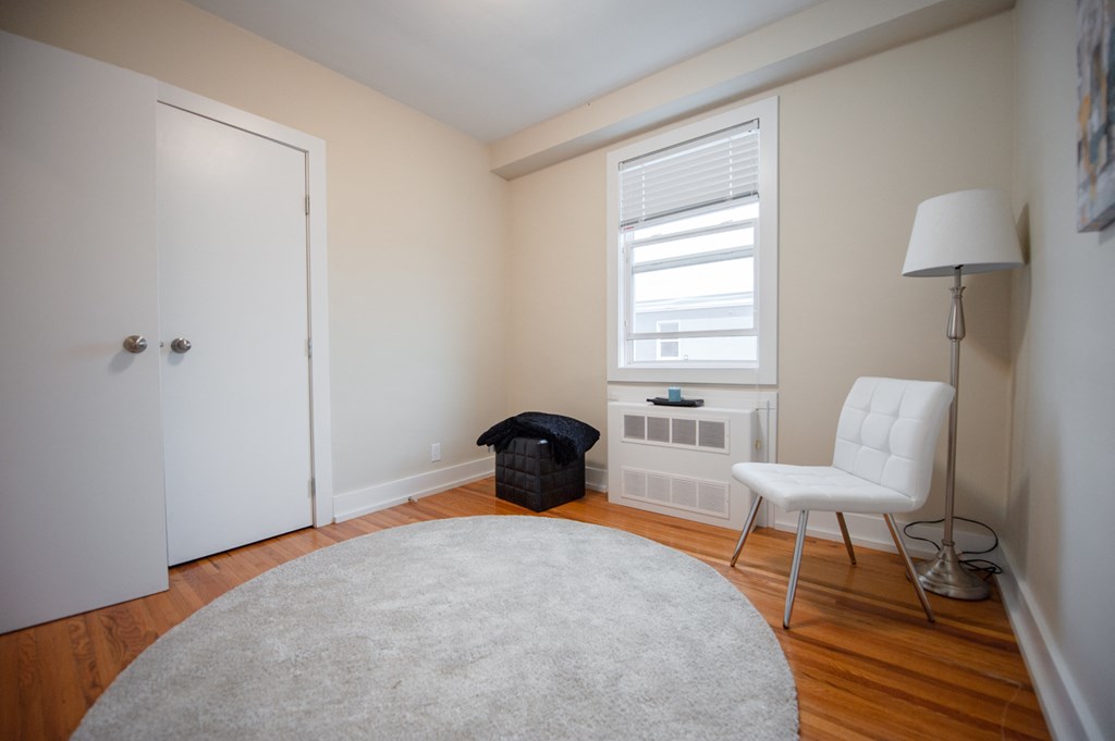 a living room with a white rug and a white chair