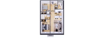 A floor plan of a small apartment with two bedrooms, a living room, a kitchen, a bathroom, a balcony, a laundry area, and a lobby.
