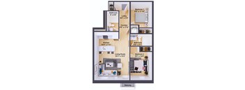 A diagram of a house layout with a living room, two bedrooms, a bathroom, laundry, kitchen, and balcony.