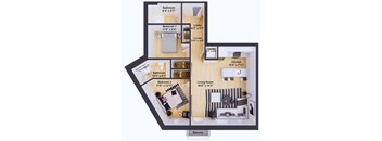 A floor plan of an apartment with a living room, two bedrooms, a bathroom, laundry, kitchen, and balcony.